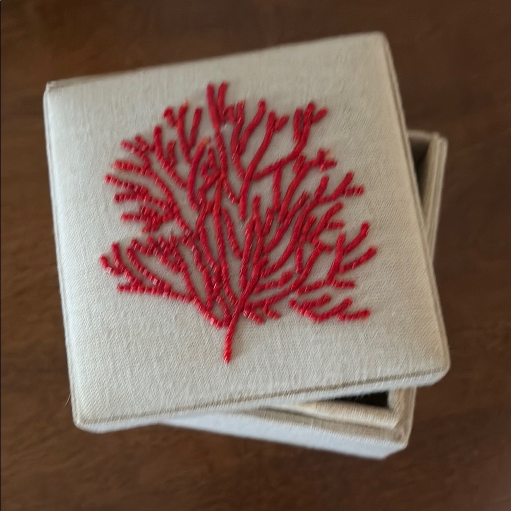 Linen catch all Box with Red Beaded Coral Accent